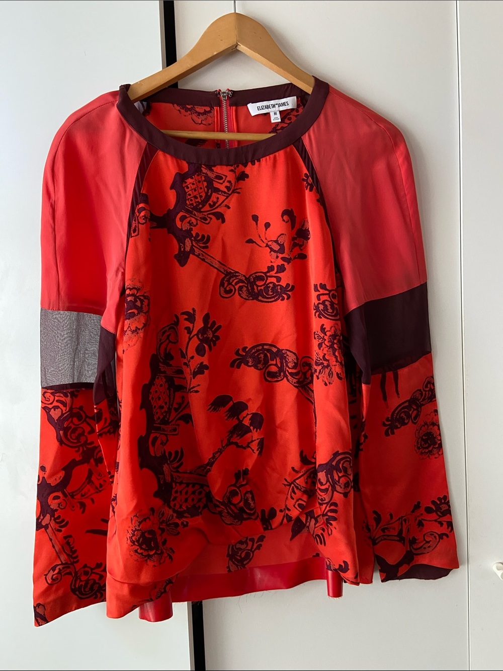 Elizabeth and James Red and Black Floral Raglan Silk Blouse